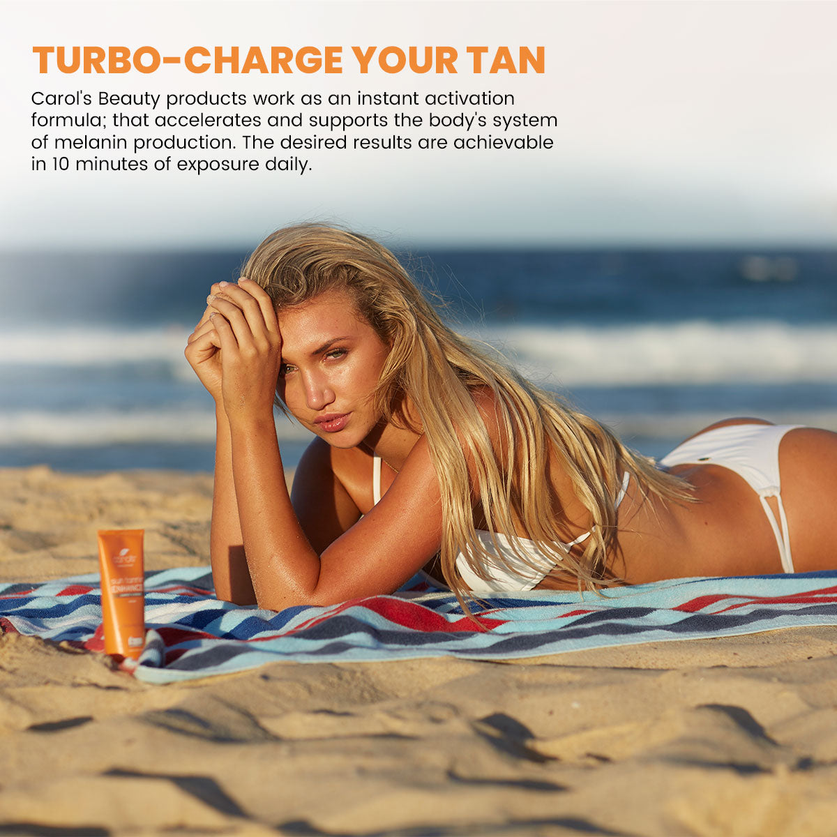 Carol’s Beauty certified organic tanning enhancer – accelerate your melanin boosting tan naturally with our sun tan accelerator oil & lotion bundle. Safe, cruelty-free, deep golden glow for summer skin in Australia.