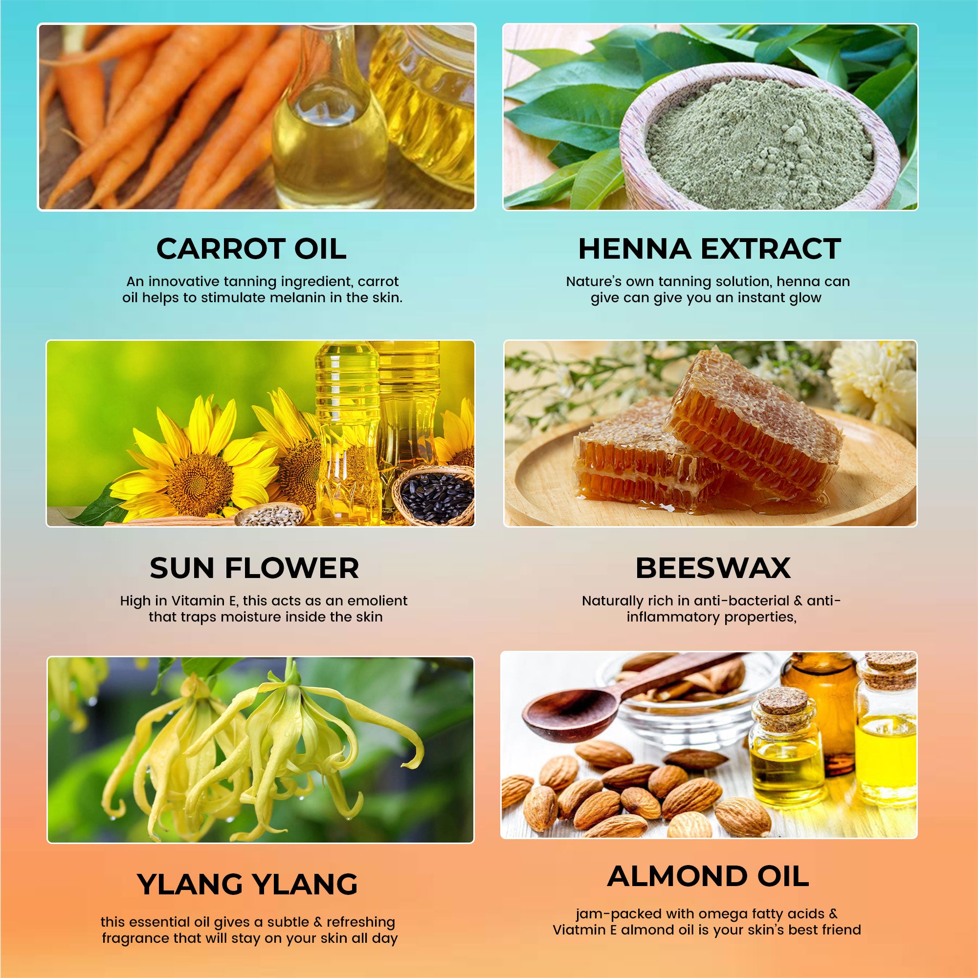 Carol’s Beauty Nourishing Organic Tanning Lotion for Beach-Ready Skin. Made from carrot Oil, Henna Extract, Sun Flower, Beeswax, Yang Ylang & Almond Oil.