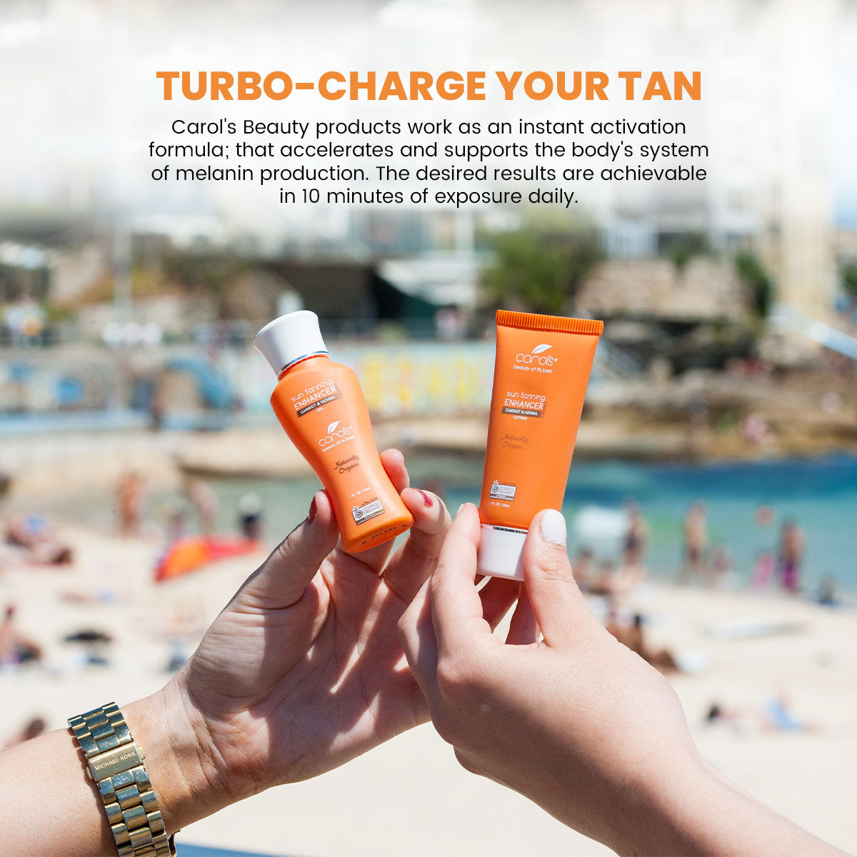 Carol’s Beauty Organic Tanning Enhancer – Turbo-charge your tan naturally with Australia’s only 100% Certified Organic tanning lotion and oil. Get a deep golden glow faster with just 10 minutes of sun exposure a day. Perfect for Bondi Beach, Manly, and Coogee beach lovers. Safe, organic, cruelty-free, sun tan accelerator for healthy, natural, year-round tanning.