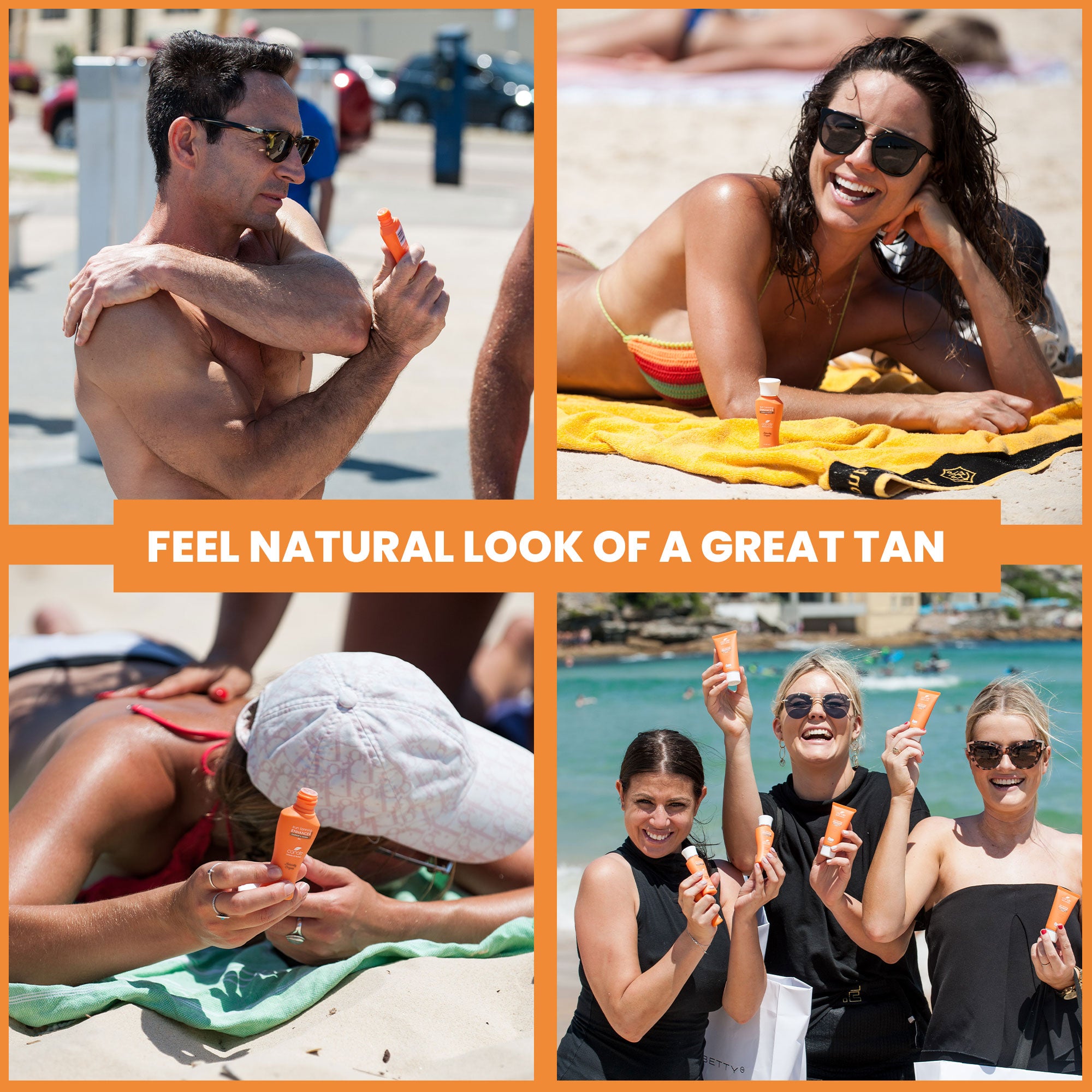 Carol’s Beauty Complete Organic Tanning Bundle – includes Carrot & Henna Tan Accelerator Lotion, nourishing tanning oil, and mini travel beach bag. Displayed on wooden surface with tropical beach background. 100% Certified Organic, cruelty-free, Australian-made tanning enhancer with orange-and-white striped packaging. Achieve natural golden glow, melanin-boosting tan, and summer-ready skin.