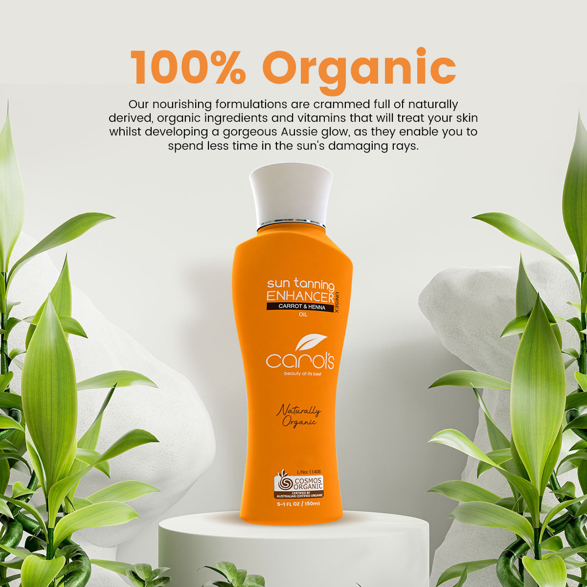 Why You'll Love Carols Beauty: 100% Certified Organic Sun Tanning Enhancer. Intensifying deep tanning lotion. Enriched with tan-accelerating actives. Use on face & body. Vegan & cruelty-free. No added nasties.